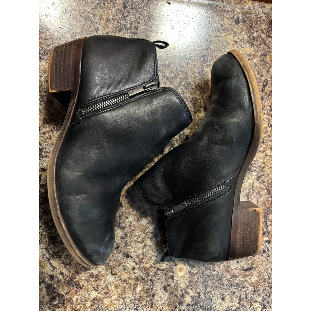 Lucky Brand Basel Black Leather Ankle Boots Womens 9.5 W Side‎ Zip Block Heel